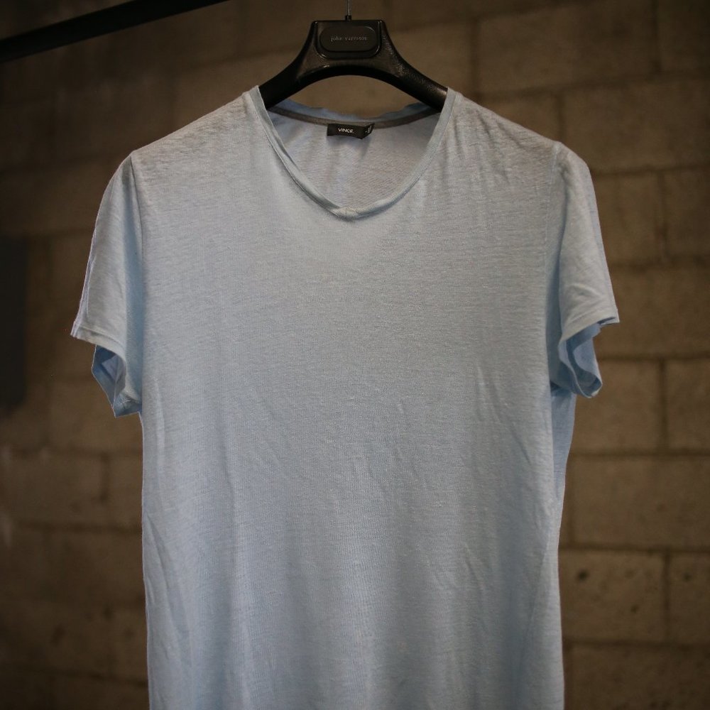 Vince baby blue linen V neck T shirt